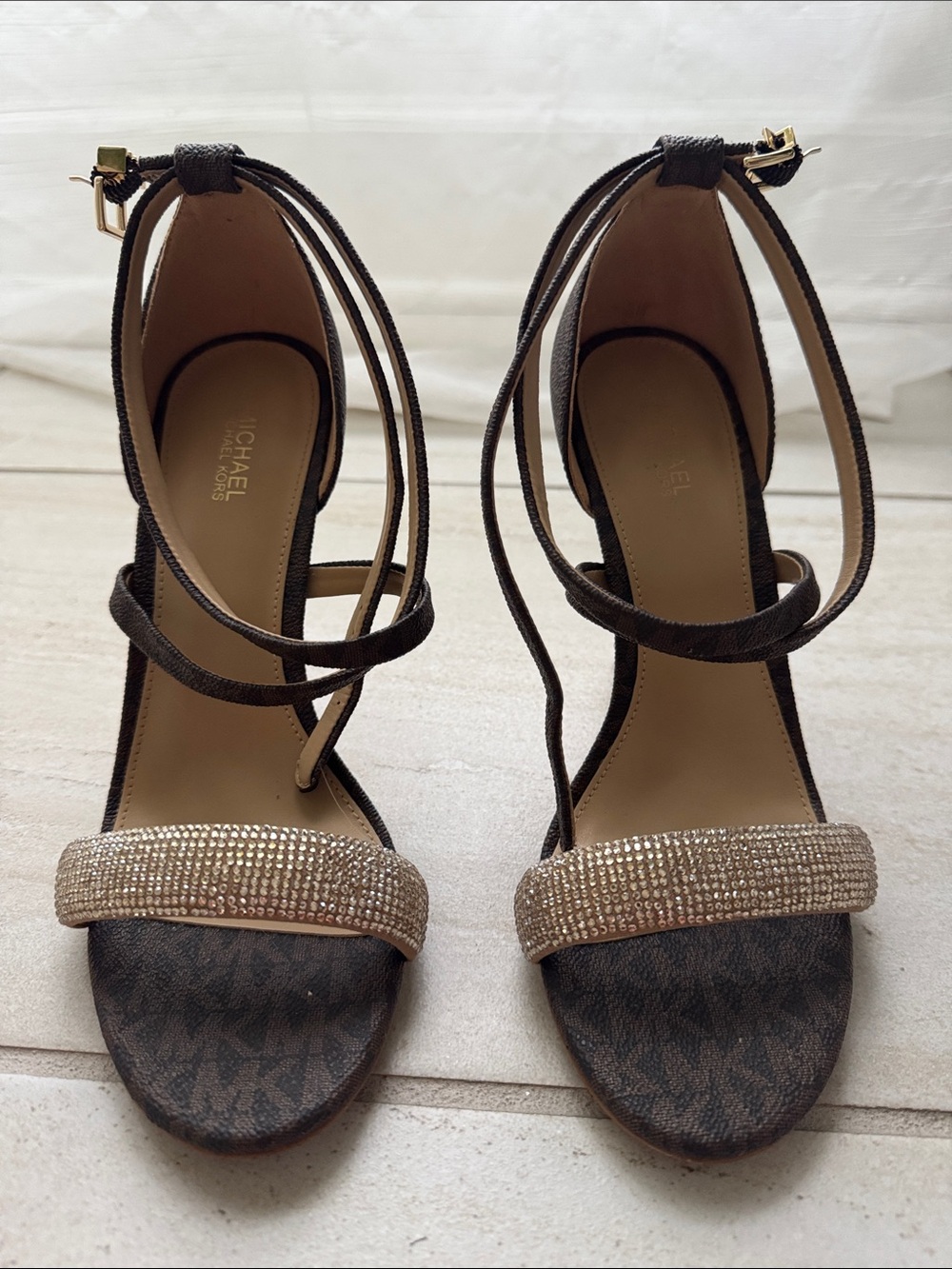 Michael Kors Dark Brown Crystal-Embellished Ankle Wrap Heels